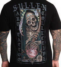 Load image into Gallery viewer, Grim reaper tee with skull and scythe by artist Baxter