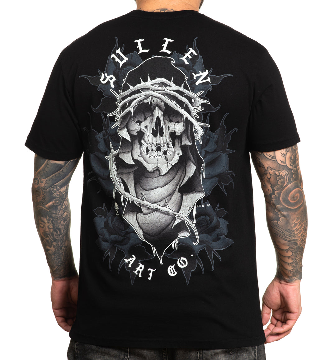 Reaper with crown of thorns in white on black tshirt