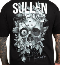 Load image into Gallery viewer, black tee with creepy grey skeleton, spider and flowers