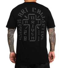 Load image into Gallery viewer, black short sleeve with cross art driven
