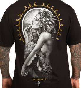 black tshirt with mermaid and gold script by Dan Hancock