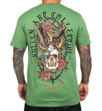 Load image into Gallery viewer, barbed wire eagle skulls peonies pale green tshirt