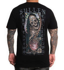 Black tee with tarot inspired reaper image by Sullen artist Baxter