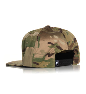 Camouflage snap back hat with sullen badge on backl