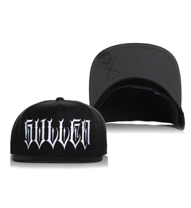 Black snapback hat with lettering and sullen badge