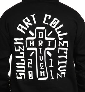 cross on back of sullen black pullover sweater pachuco