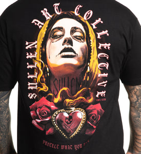 Black tee with tattooed virgin mary and red heart