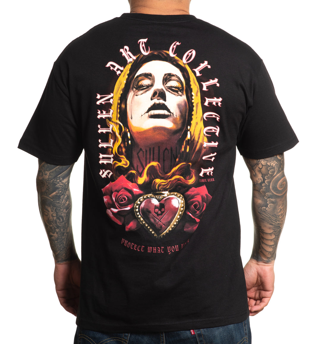 dark tshirt with gold Mary and Sacred heart and roses