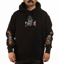 Load image into Gallery viewer, black wizard hoodie dumbledore on drugs