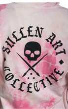 Load image into Gallery viewer, Black skull Sullen logo on back of acid washed hoodie