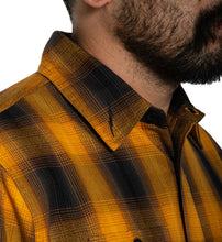 Load image into Gallery viewer, lightning bolt detail on orange yellow golden button up flannel