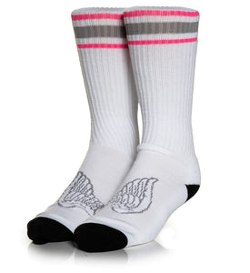 white sullen angel socks with wings on foot and pink/grey stripe