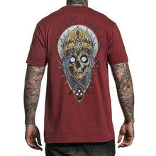 Load image into Gallery viewer, artist series sullen premium fabric by baxter, featuring undead royalty on a dark red tee