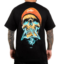 Load image into Gallery viewer, sullen skull with blue smoke orange hat