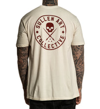 Load image into Gallery viewer, antique white shirt with dark red sullen badge