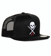 Load image into Gallery viewer, flex fit snap back trucker hat with white skull bleeding red