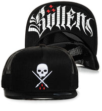 Load image into Gallery viewer, black Sullen snapback with white skull and blood dripping graffiti 