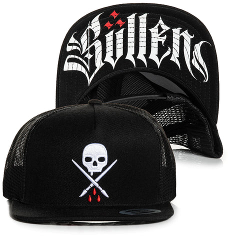 black Sullen snapback with white skull and blood dripping graffiti 
