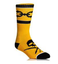 Load image into Gallery viewer, yellow high socks spandex with black skull tattoo logo